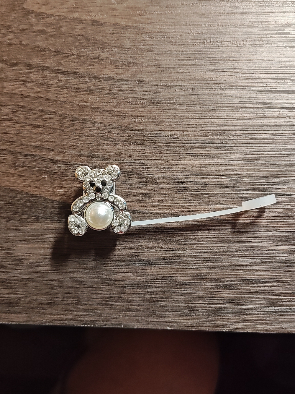 Rhinestone Teddy Bear Hair Clip with Pearl Accent - Silver